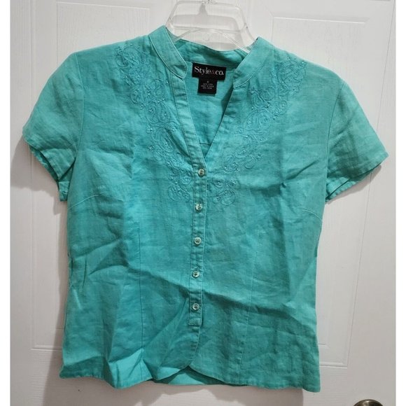 Style & Co Women's Short Sleeve Blouse Top Button Up 100% Linen Beaded Blue Sz 6 - Picture 1 of 8